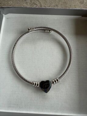 Silver Cable Bangle with Heart Accent “E” Personalized
